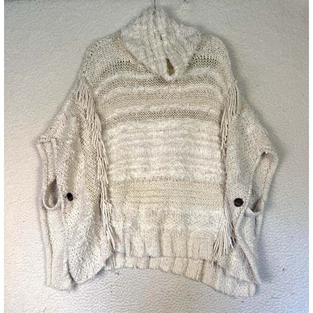 Anthropologie Fringed Boho Poncho M/L Marilyn Cream Coverup Boho Side Buttons